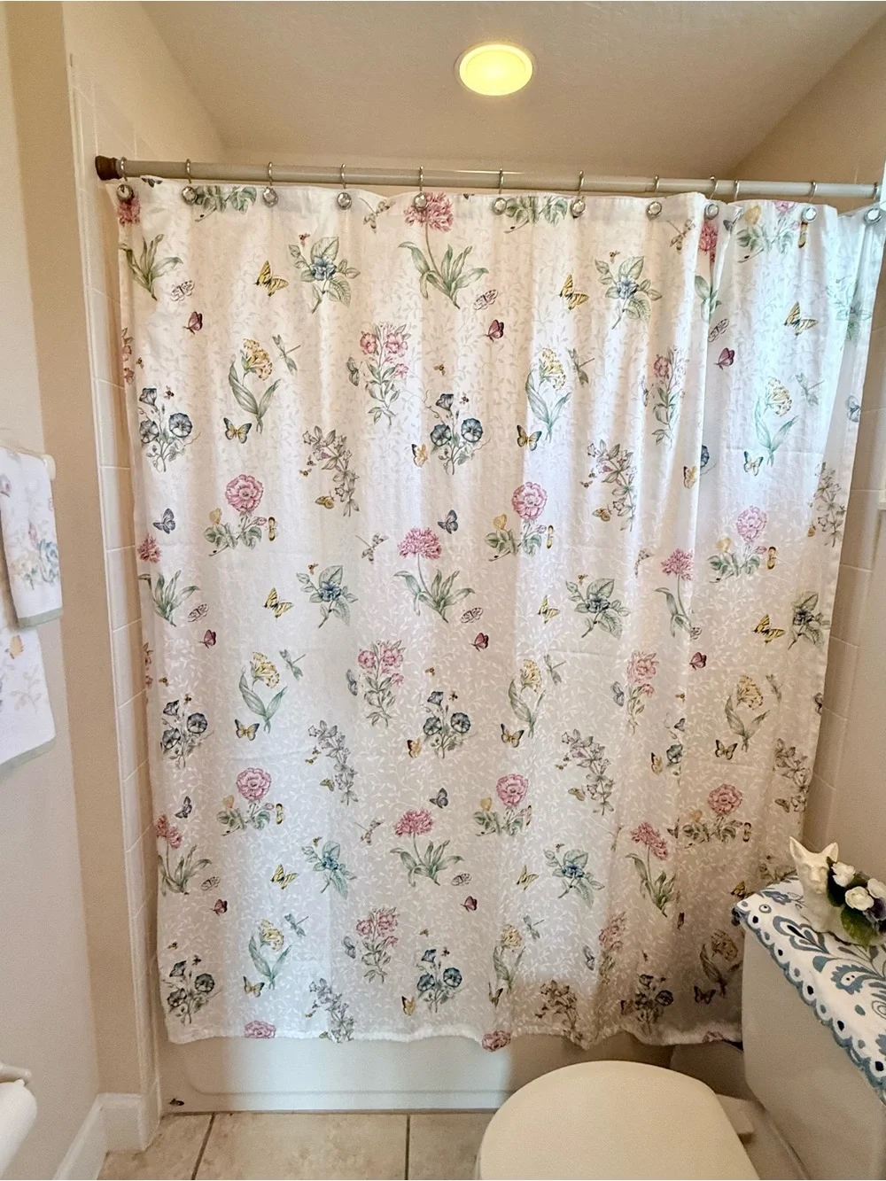 Lenox Butterfly Meadows Shower Curtain and 5 Bathroom Towel Set - Bath and Hand